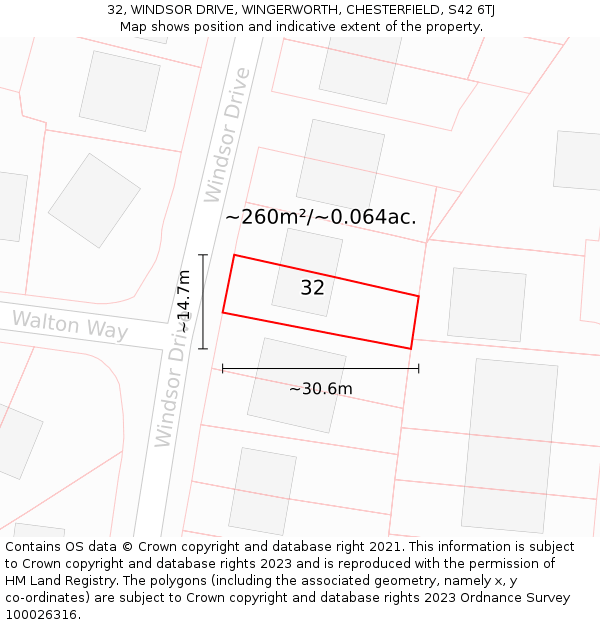 32, WINDSOR DRIVE, WINGERWORTH, CHESTERFIELD, S42 6TJ: Plot and title map