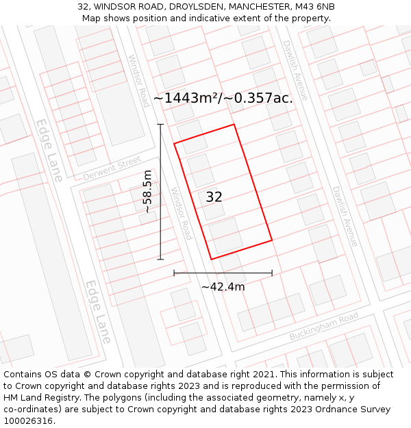 32, WINDSOR ROAD, DROYLSDEN, MANCHESTER, M43 6NB: Plot and title map