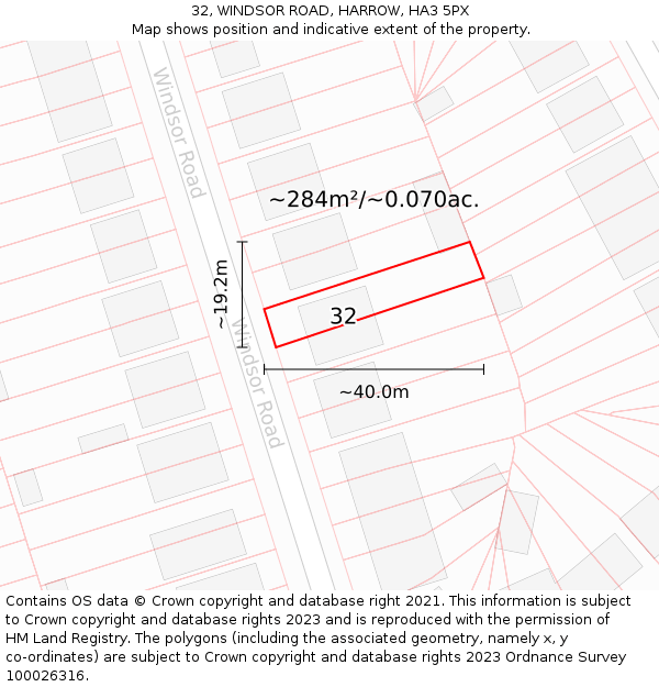 32, WINDSOR ROAD, HARROW, HA3 5PX: Plot and title map