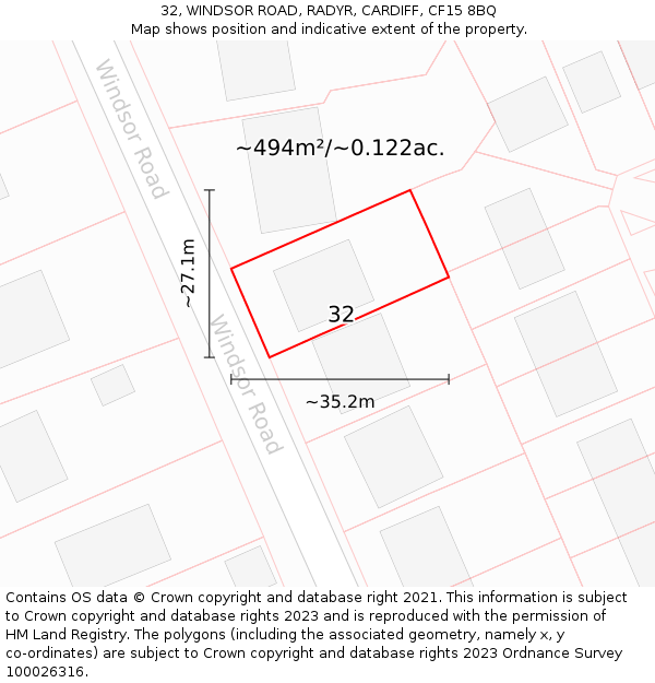 32, WINDSOR ROAD, RADYR, CARDIFF, CF15 8BQ: Plot and title map