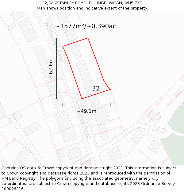 32, WINSTANLEY ROAD, BILLINGE, WIGAN, WN5 7XD: Plot and title map