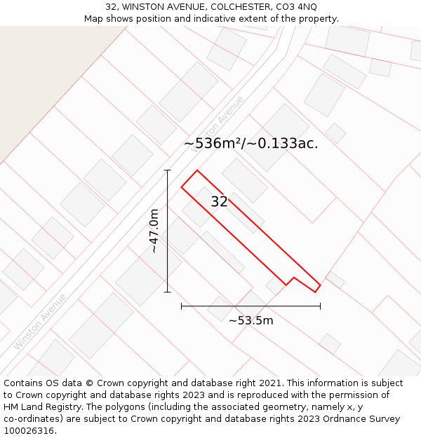 32, WINSTON AVENUE, COLCHESTER, CO3 4NQ: Plot and title map
