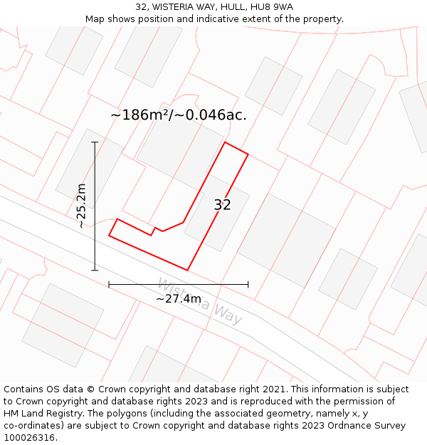 32, WISTERIA WAY, HULL, HU8 9WA: Plot and title map