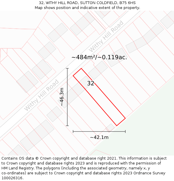 32, WITHY HILL ROAD, SUTTON COLDFIELD, B75 6HS: Plot and title map