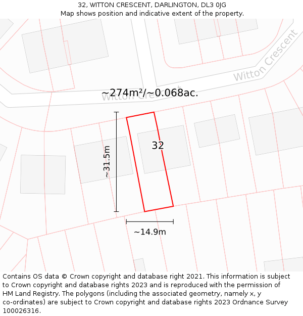 32, WITTON CRESCENT, DARLINGTON, DL3 0JG: Plot and title map