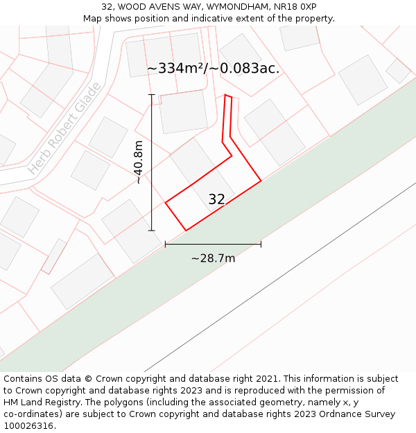 32, WOOD AVENS WAY, WYMONDHAM, NR18 0XP: Plot and title map