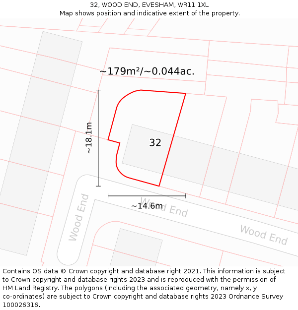 32, WOOD END, EVESHAM, WR11 1XL: Plot and title map