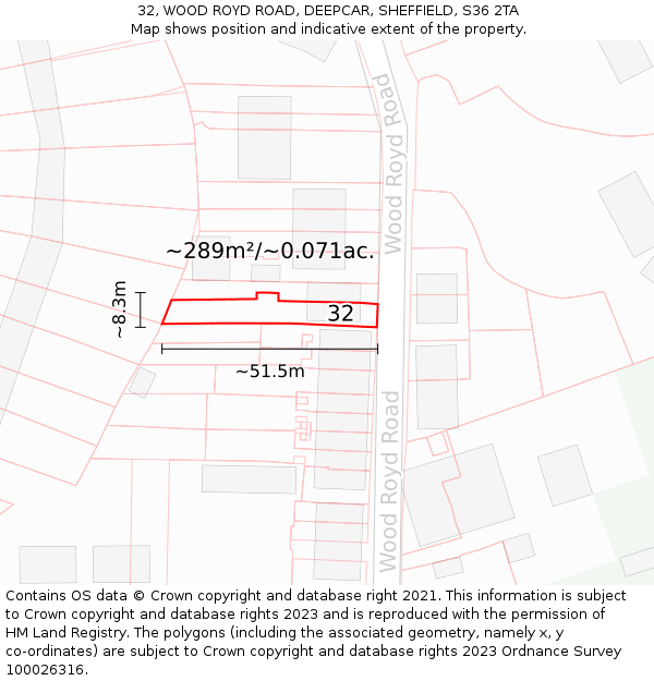 32, WOOD ROYD ROAD, DEEPCAR, SHEFFIELD, S36 2TA: Plot and title map