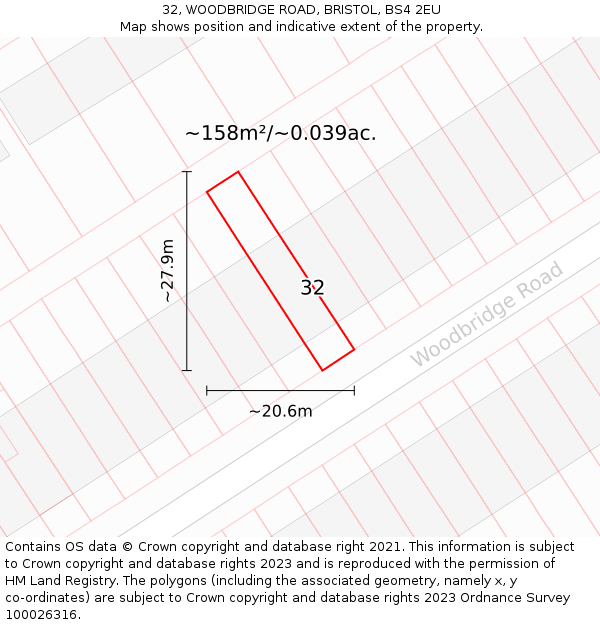 32, WOODBRIDGE ROAD, BRISTOL, BS4 2EU: Plot and title map