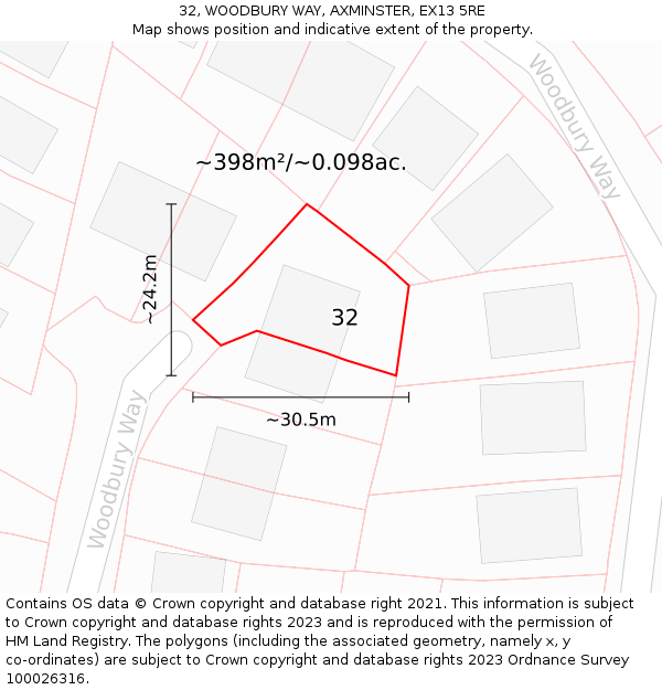 32, WOODBURY WAY, AXMINSTER, EX13 5RE: Plot and title map