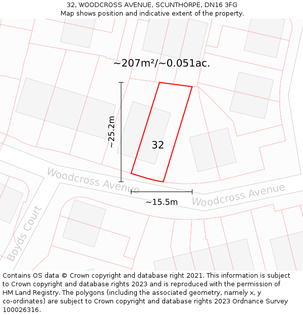 32, WOODCROSS AVENUE, SCUNTHORPE, DN16 3FG: Plot and title map