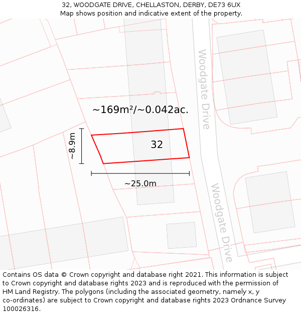 32, WOODGATE DRIVE, CHELLASTON, DERBY, DE73 6UX: Plot and title map