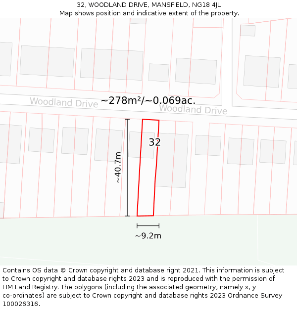 32, WOODLAND DRIVE, MANSFIELD, NG18 4JL: Plot and title map