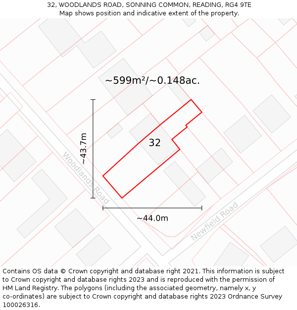 32, WOODLANDS ROAD, SONNING COMMON, READING, RG4 9TE: Plot and title map