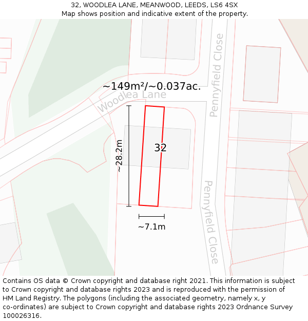 32, WOODLEA LANE, MEANWOOD, LEEDS, LS6 4SX: Plot and title map
