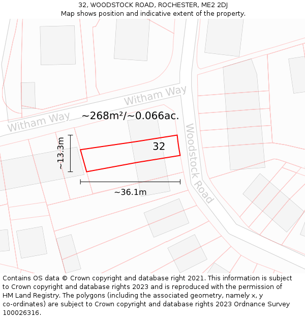 32, WOODSTOCK ROAD, ROCHESTER, ME2 2DJ: Plot and title map