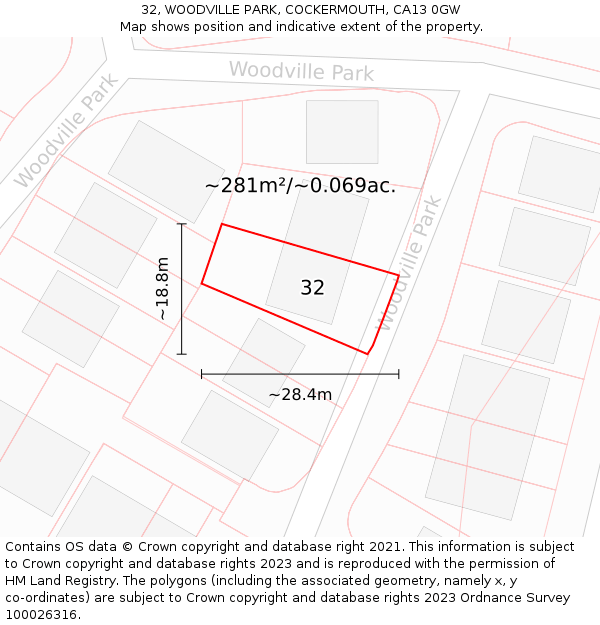 32, WOODVILLE PARK, COCKERMOUTH, CA13 0GW: Plot and title map