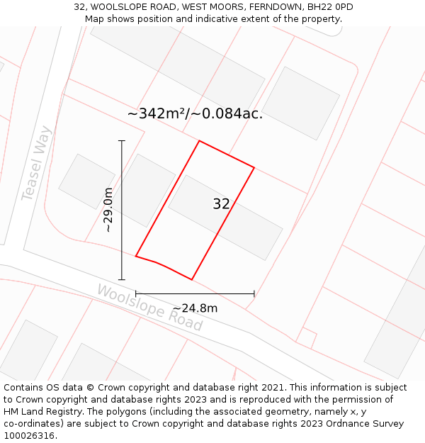 32, WOOLSLOPE ROAD, WEST MOORS, FERNDOWN, BH22 0PD: Plot and title map