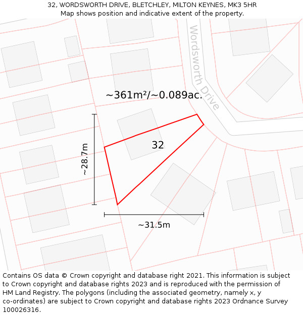 32, WORDSWORTH DRIVE, BLETCHLEY, MILTON KEYNES, MK3 5HR: Plot and title map