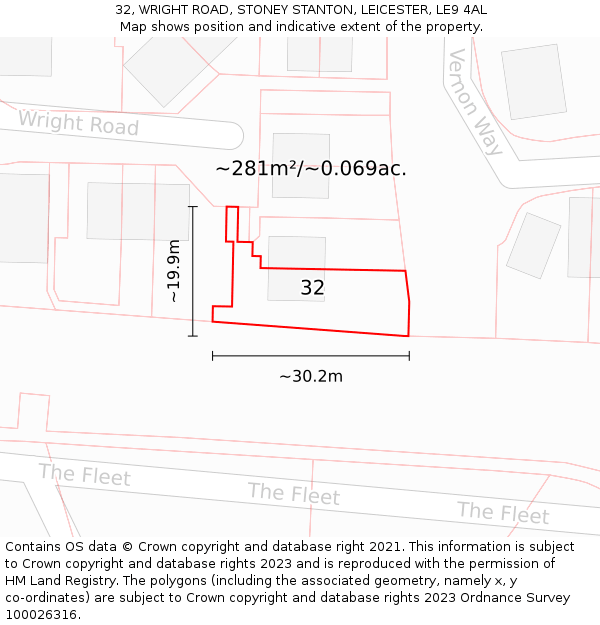 32, WRIGHT ROAD, STONEY STANTON, LEICESTER, LE9 4AL: Plot and title map