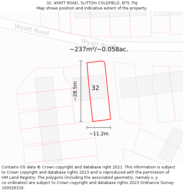 32, WYATT ROAD, SUTTON COLDFIELD, B75 7NJ: Plot and title map