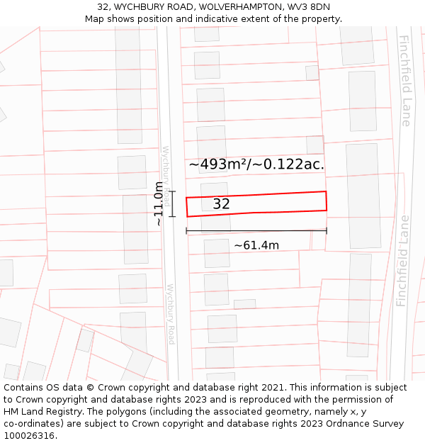 32, WYCHBURY ROAD, WOLVERHAMPTON, WV3 8DN: Plot and title map