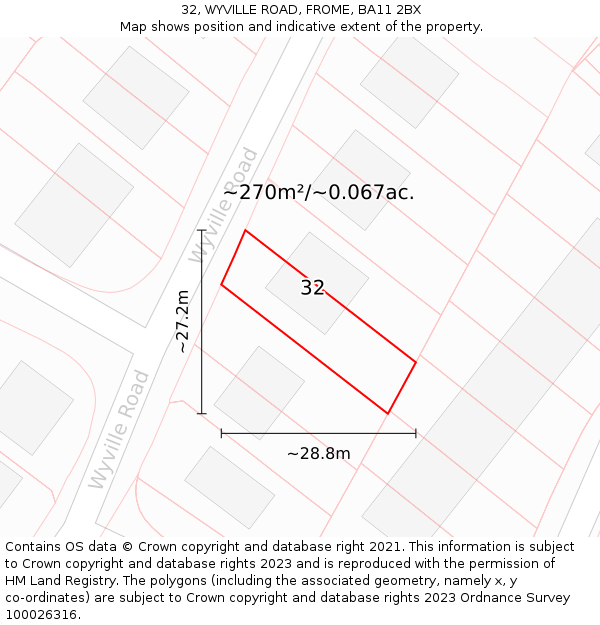 32, WYVILLE ROAD, FROME, BA11 2BX: Plot and title map