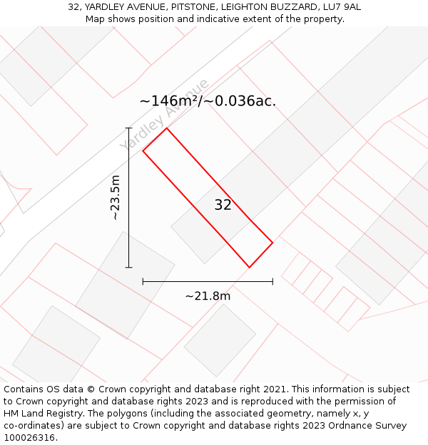 32, YARDLEY AVENUE, PITSTONE, LEIGHTON BUZZARD, LU7 9AL: Plot and title map