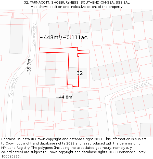 32, YARNACOTT, SHOEBURYNESS, SOUTHEND-ON-SEA, SS3 8AL: Plot and title map