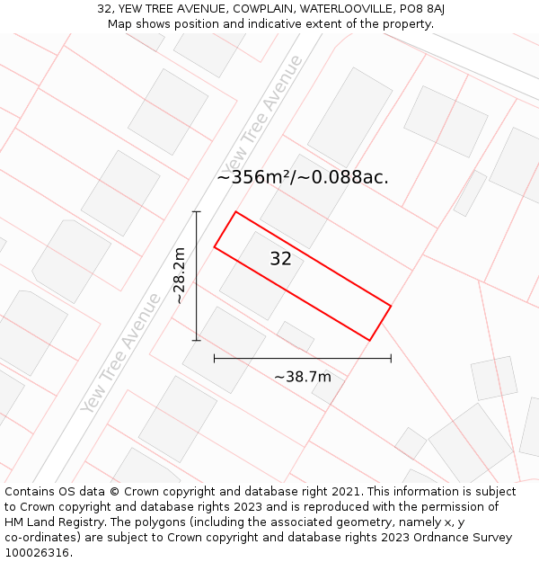 32, YEW TREE AVENUE, COWPLAIN, WATERLOOVILLE, PO8 8AJ: Plot and title map