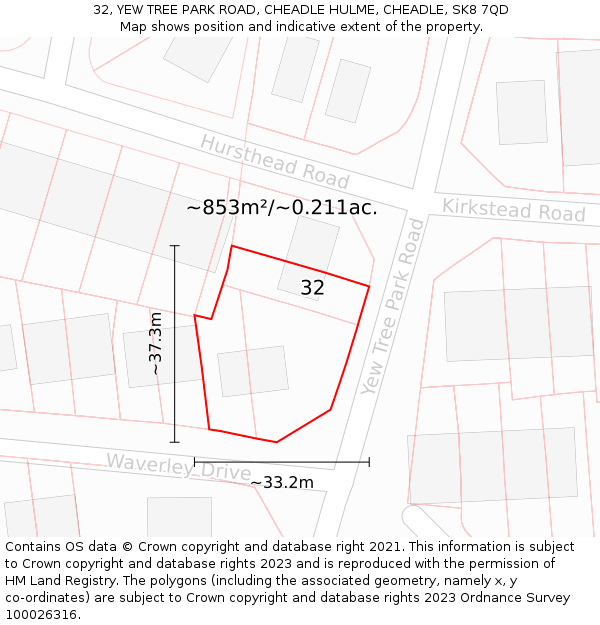 32, YEW TREE PARK ROAD, CHEADLE HULME, CHEADLE, SK8 7QD: Plot and title map