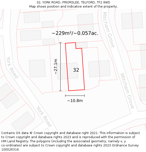 32, YORK ROAD, PRIORSLEE, TELFORD, TF2 9WD: Plot and title map