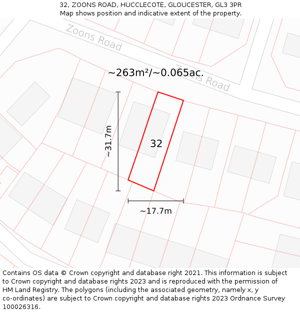 32, ZOONS ROAD, HUCCLECOTE, GLOUCESTER, GL3 3PR: Plot and title map
