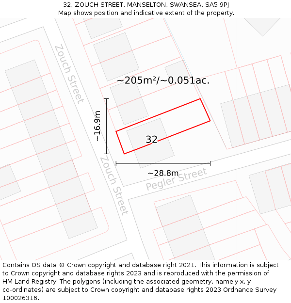32, ZOUCH STREET, MANSELTON, SWANSEA, SA5 9PJ: Plot and title map