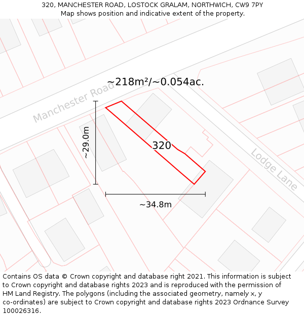 320, MANCHESTER ROAD, LOSTOCK GRALAM, NORTHWICH, CW9 7PY: Plot and title map