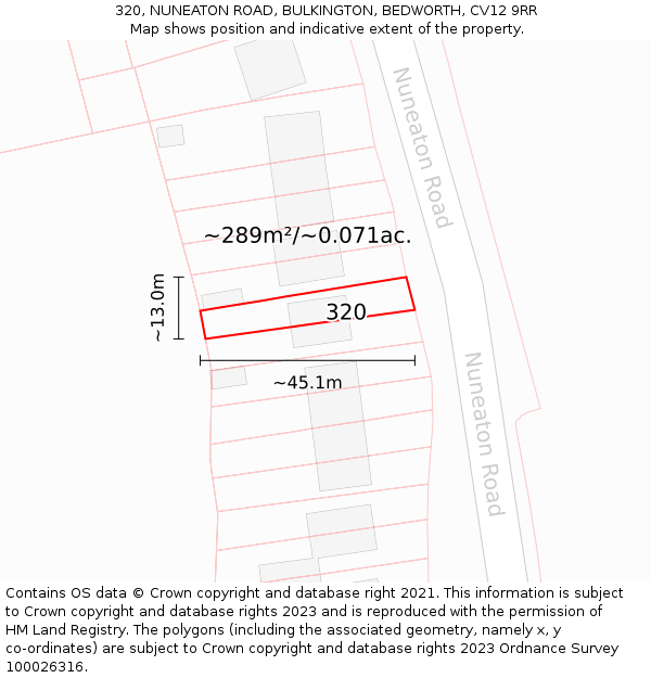 320, NUNEATON ROAD, BULKINGTON, BEDWORTH, CV12 9RR: Plot and title map