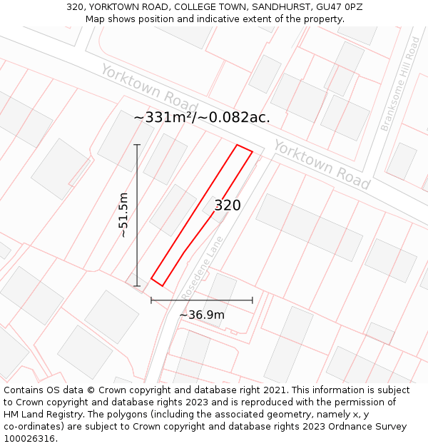 320, YORKTOWN ROAD, COLLEGE TOWN, SANDHURST, GU47 0PZ: Plot and title map