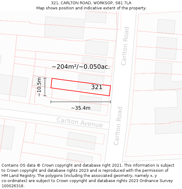 321, CARLTON ROAD, WORKSOP, S81 7LA: Plot and title map