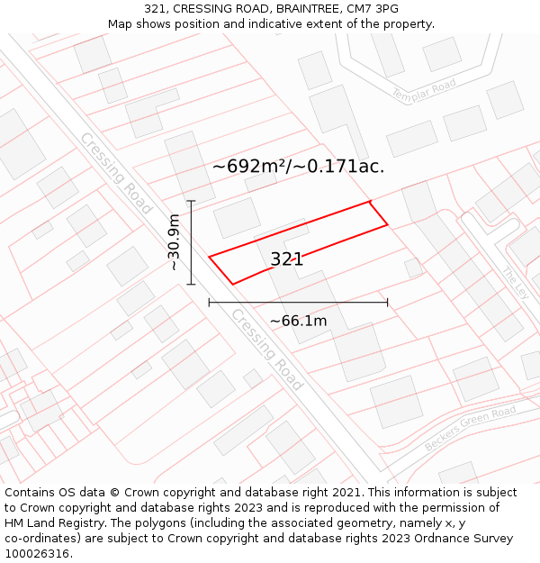 321, CRESSING ROAD, BRAINTREE, CM7 3PG: Plot and title map