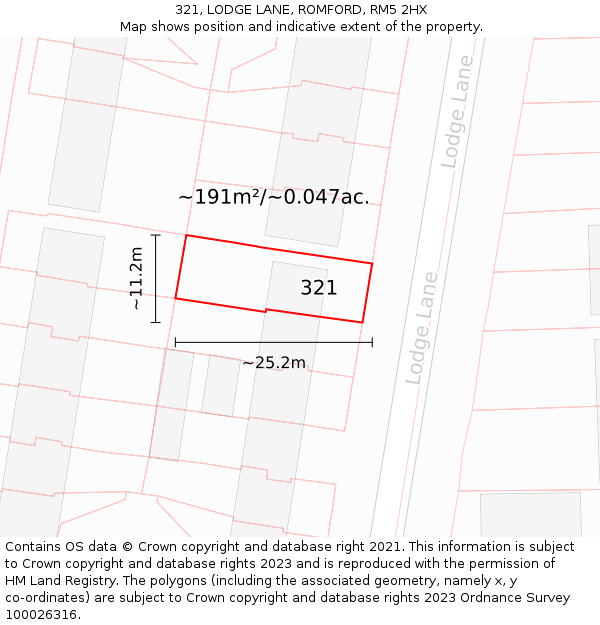 321, LODGE LANE, ROMFORD, RM5 2HX: Plot and title map