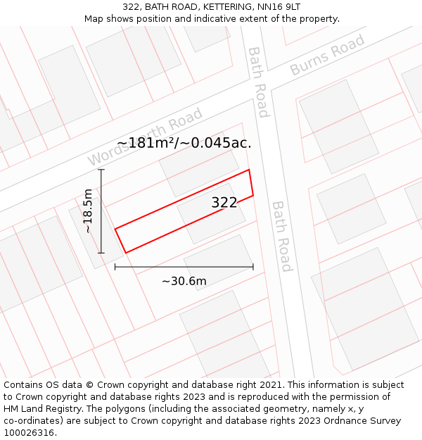 322, BATH ROAD, KETTERING, NN16 9LT: Plot and title map