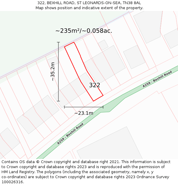 322, BEXHILL ROAD, ST LEONARDS-ON-SEA, TN38 8AL: Plot and title map