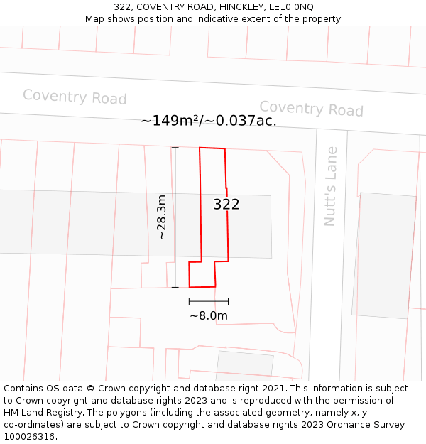 322, COVENTRY ROAD, HINCKLEY, LE10 0NQ: Plot and title map