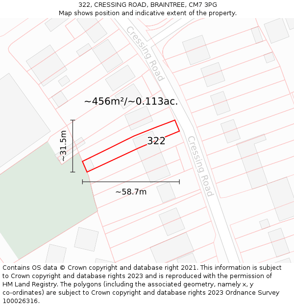 322, CRESSING ROAD, BRAINTREE, CM7 3PG: Plot and title map