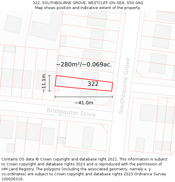 322, SOUTHBOURNE GROVE, WESTCLIFF-ON-SEA, SS0 0AQ: Plot and title map