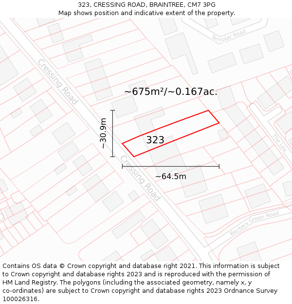 323, CRESSING ROAD, BRAINTREE, CM7 3PG: Plot and title map