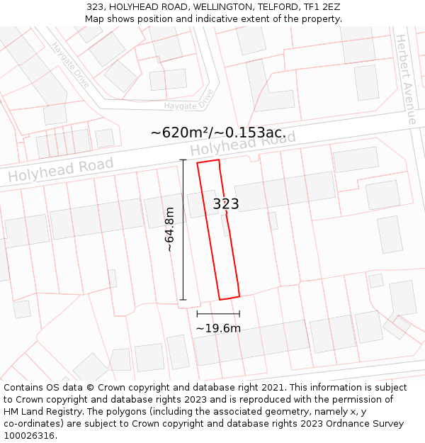 323, HOLYHEAD ROAD, WELLINGTON, TELFORD, TF1 2EZ: Plot and title map
