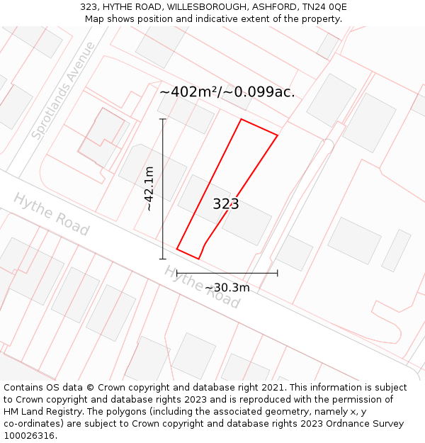 323, HYTHE ROAD, WILLESBOROUGH, ASHFORD, TN24 0QE: Plot and title map