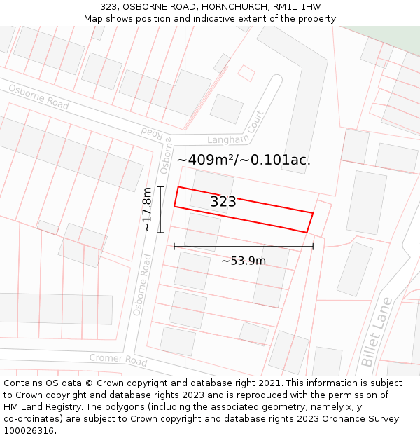 323, OSBORNE ROAD, HORNCHURCH, RM11 1HW: Plot and title map
