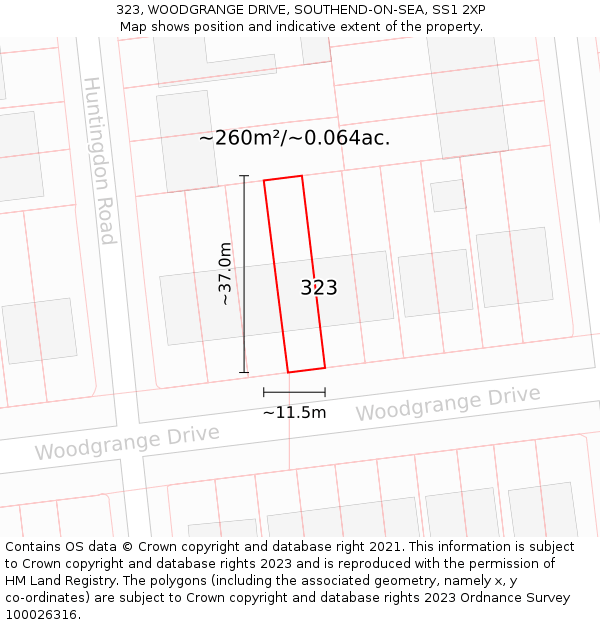 323, WOODGRANGE DRIVE, SOUTHEND-ON-SEA, SS1 2XP: Plot and title map